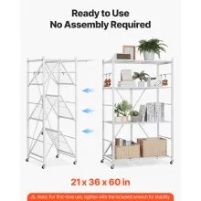 VEVOR Folding Storage Shelf with Wheels 4-Tier No Assembly Organizer Shelf White