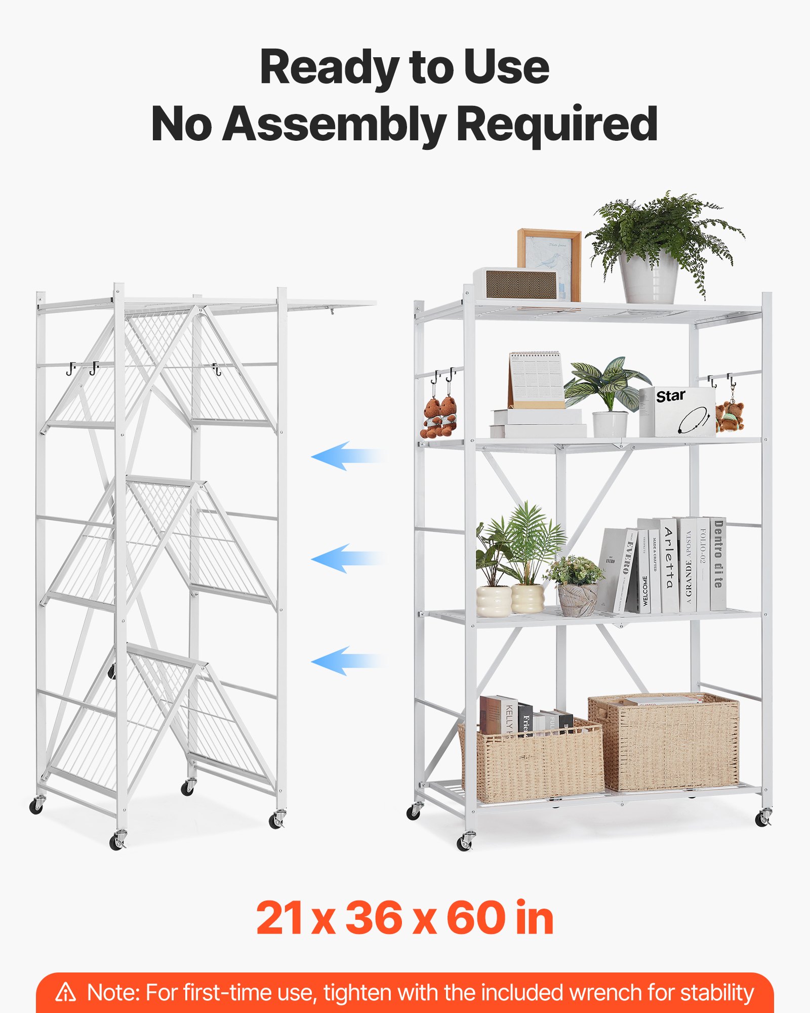 VEVOR 4-Tier Foldable Storage Shelf with Wheels, 91 cm W x 53 cm D x 152 cm H Folding Metal Rack Shelving Unit, No Assembly Organizer Shelf for Garage, Kitchen, Basement, White
