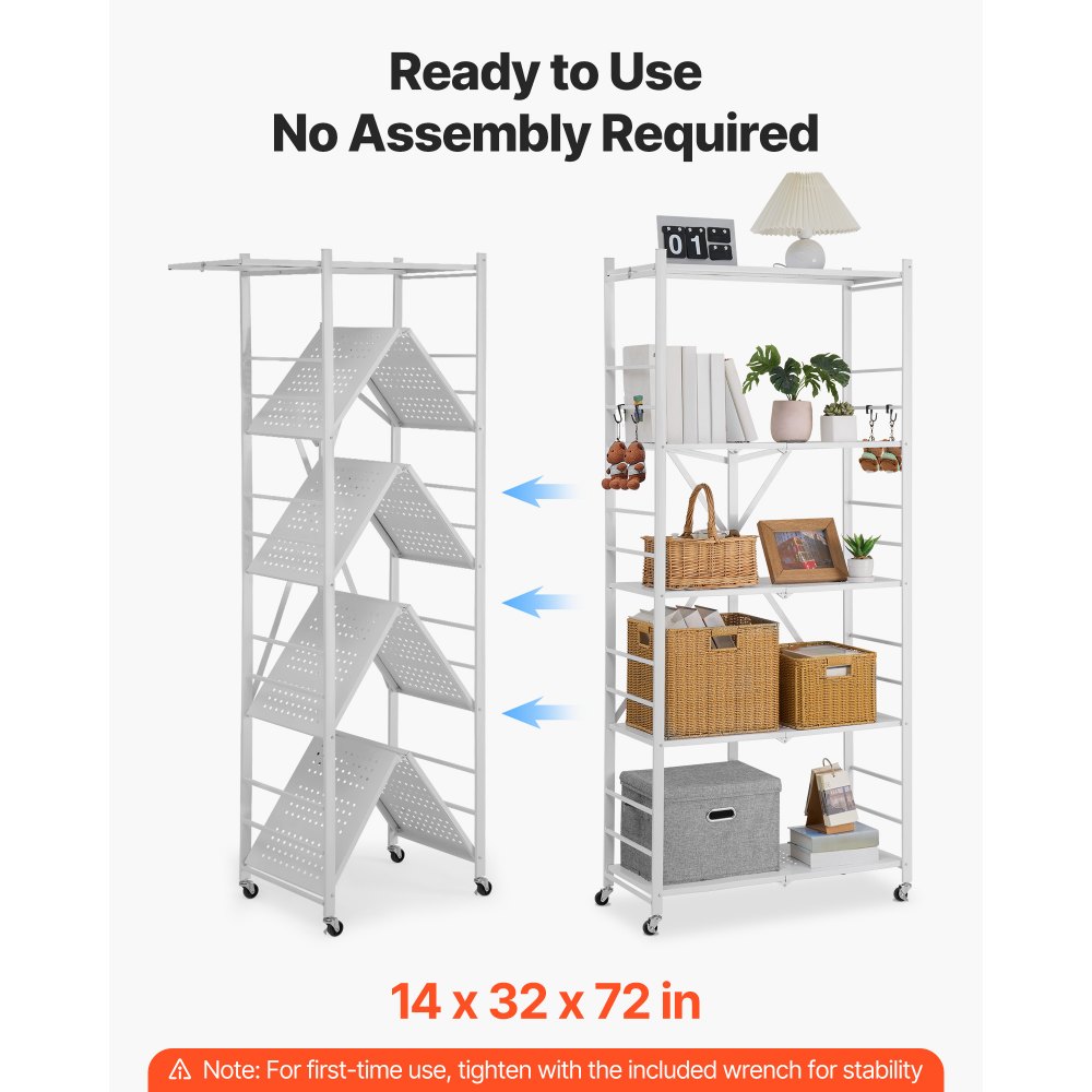 VEVOR 5-Tier Foldable Storage Shelf, 32W x 14D x 72H Inch Folding Metal Rack Shelving Unit, No Assembly Organizer Shelf with 5 Wheels & 4 Hooks for Pantry, Kitchen, Garage, Basement, White
