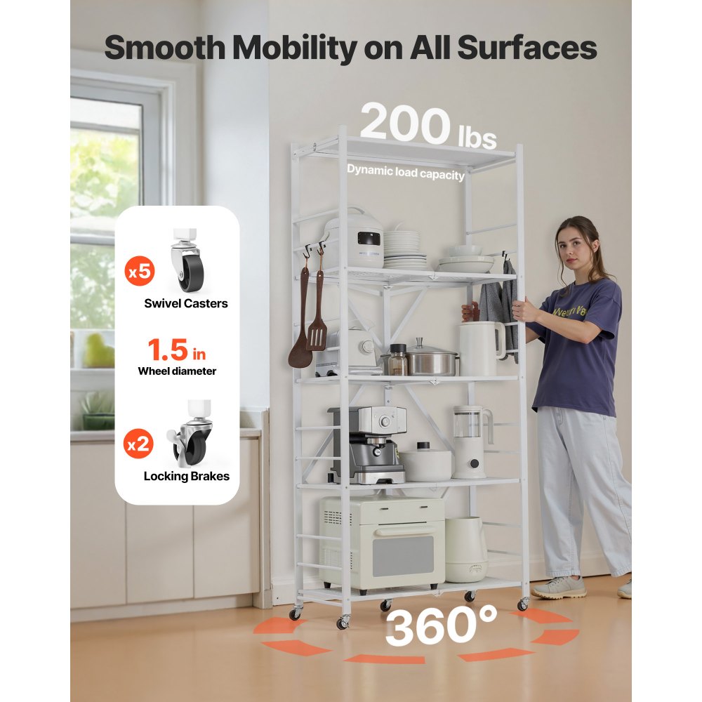 VEVOR 5-Tier Foldable Storage Shelf, 32W x 14D x 72H Inch Folding Metal Rack Shelving Unit, No Assembly Organizer Shelf with 5 Wheels & 4 Hooks for Pantry, Kitchen, Garage, Basement, White