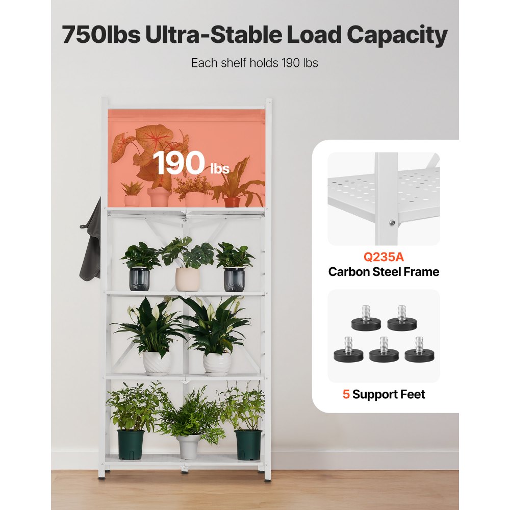 VEVOR 5-Tier Foldable Storage Shelf, 32W x 14D x 72H Inch Folding Metal Rack Shelving Unit, No Assembly Organizer Shelf with 5 Wheels & 4 Hooks for Pantry, Kitchen, Garage, Basement, White
