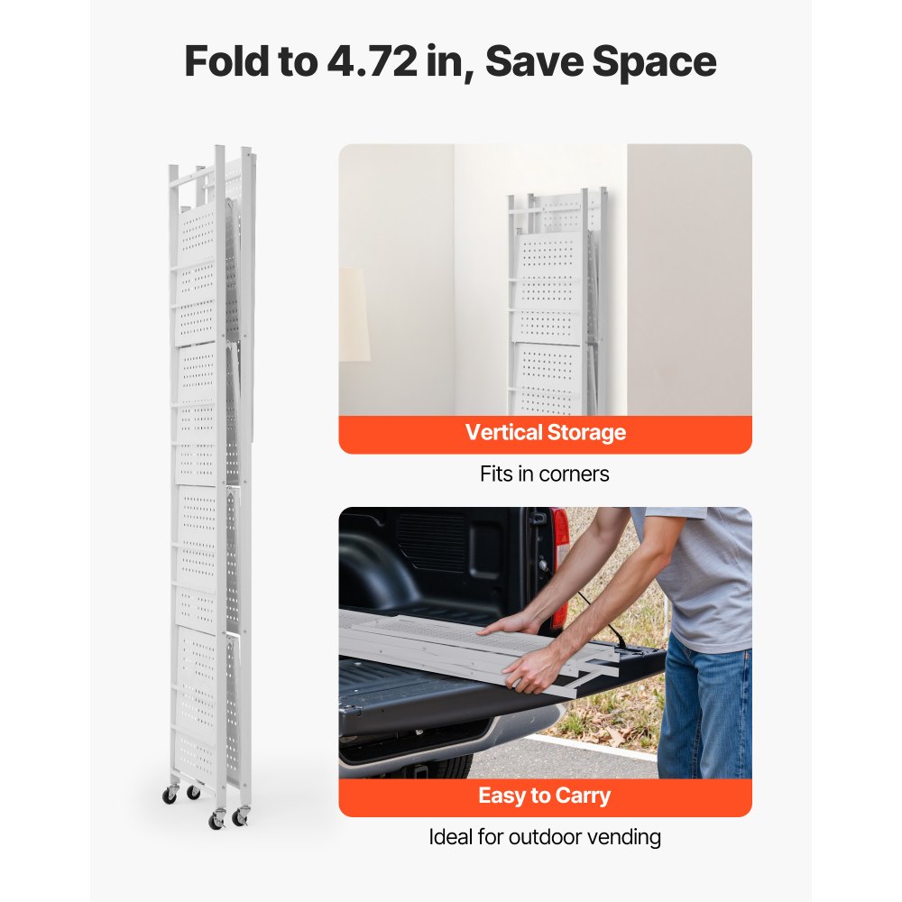 VEVOR 5-Tier Foldable Storage Shelf, 32W x 14D x 72H Inch Folding Metal Rack Shelving Unit, No Assembly Organizer Shelf with 5 Wheels & 4 Hooks for Pantry, Kitchen, Garage, Basement, White