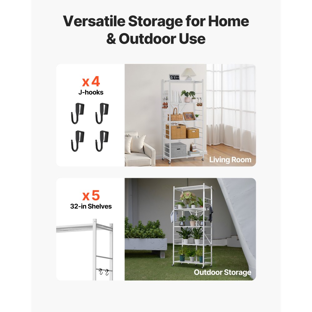 VEVOR 5-Tier Foldable Storage Shelf, 32W x 14D x 72H Inch Folding Metal Rack Shelving Unit, No Assembly Organizer Shelf with 5 Wheels & 4 Hooks for Pantry, Kitchen, Garage, Basement, White