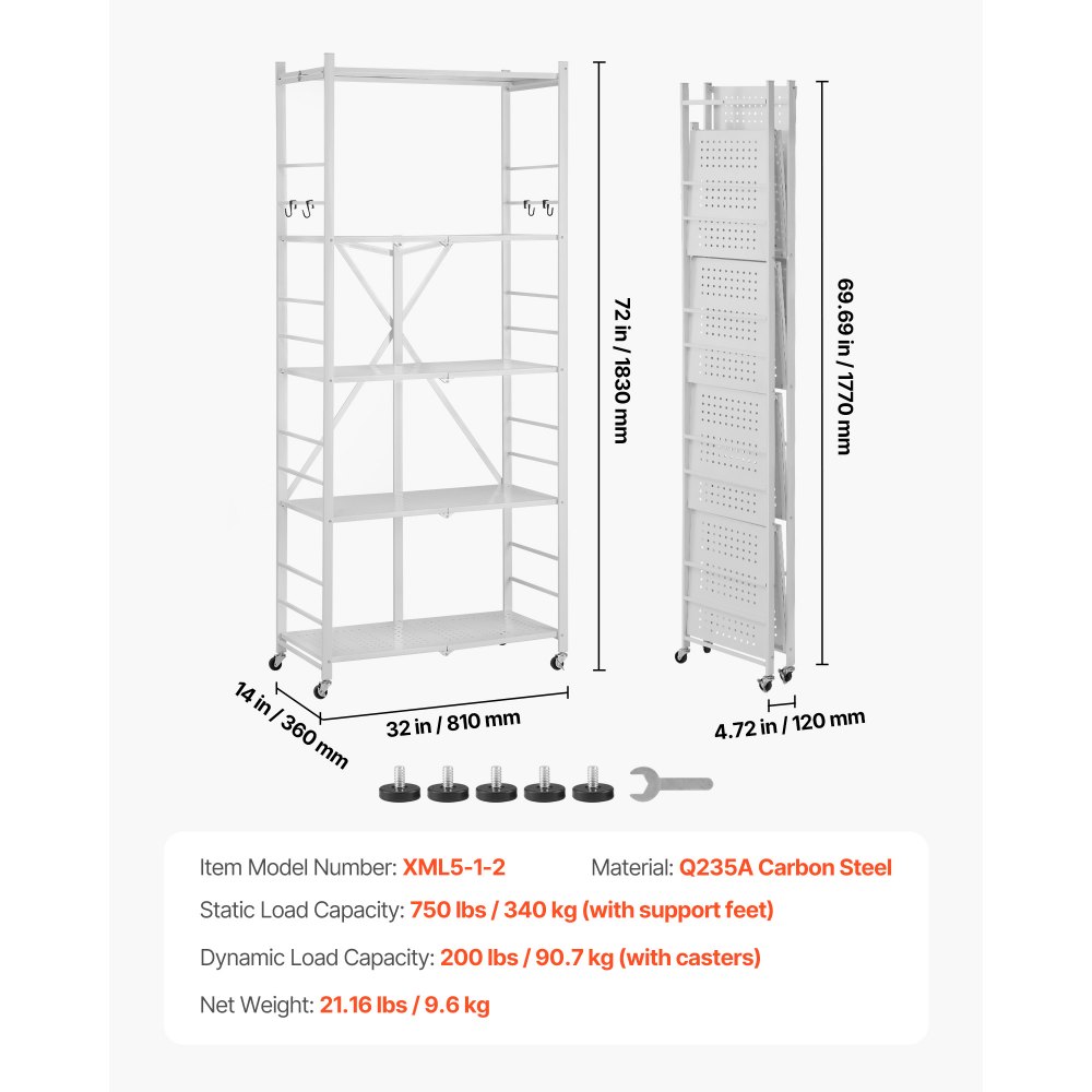 VEVOR 5-Tier Foldable Storage Shelf, 32W x 14D x 72H Inch Folding Metal Rack Shelving Unit, No Assembly Organizer Shelf with 5 Wheels & 4 Hooks for Pantry, Kitchen, Garage, Basement, White