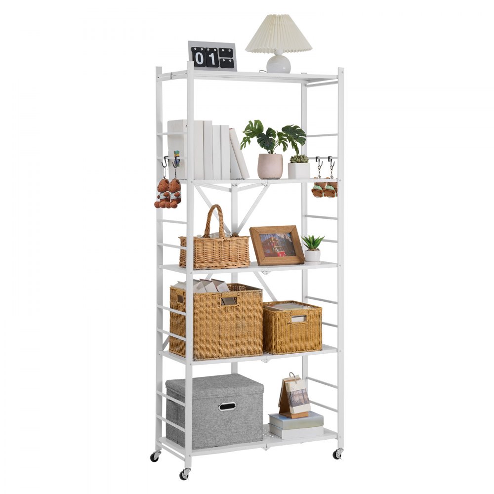 VEVOR 5-Tier Foldable Storage Shelf, 32W x 14D x 72H Inch Folding Metal Rack Shelving Unit, No Assembly Organizer Shelf with 5 Wheels & 4 Hooks for Pantry, Kitchen, Garage, Basement, White