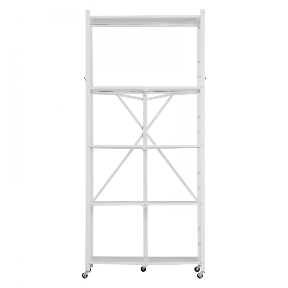 VEVOR 5-Tier Foldable Storage Shelf, 32W x 14D x 72H Inch Folding Metal Rack Shelving Unit, No Assembly Organizer Shelf with 5 Wheels & 4 Hooks for Pantry, Kitchen, Garage, Basement, White