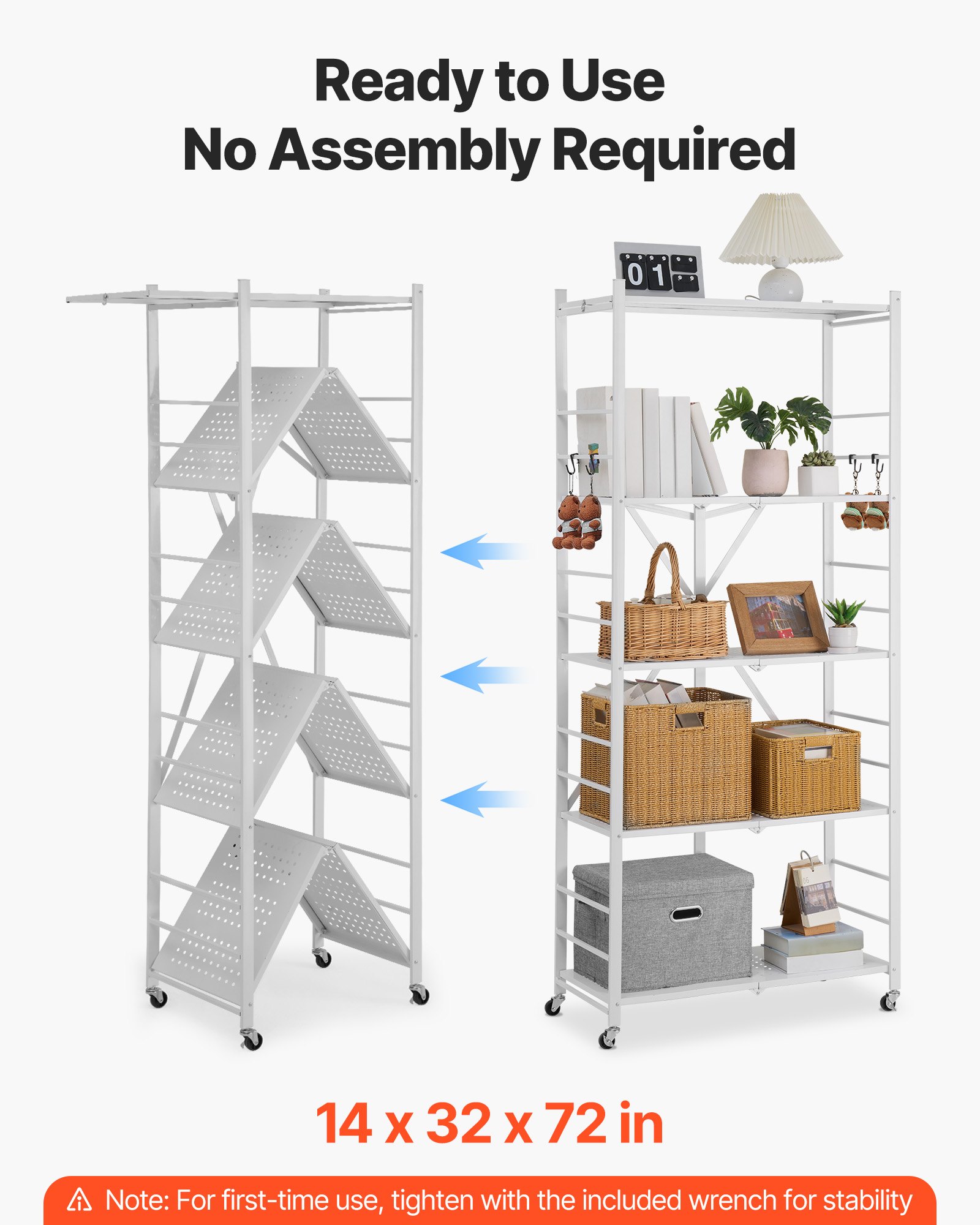 VEVOR 5-Tier Foldable Storage Shelf, 32W x 14D x 72H Inch Folding Metal Rack Shelving Unit, No Assembly Organizer Shelf with 5 Wheels & 4 Hooks for Pantry, Kitchen, Garage, Basement, White
