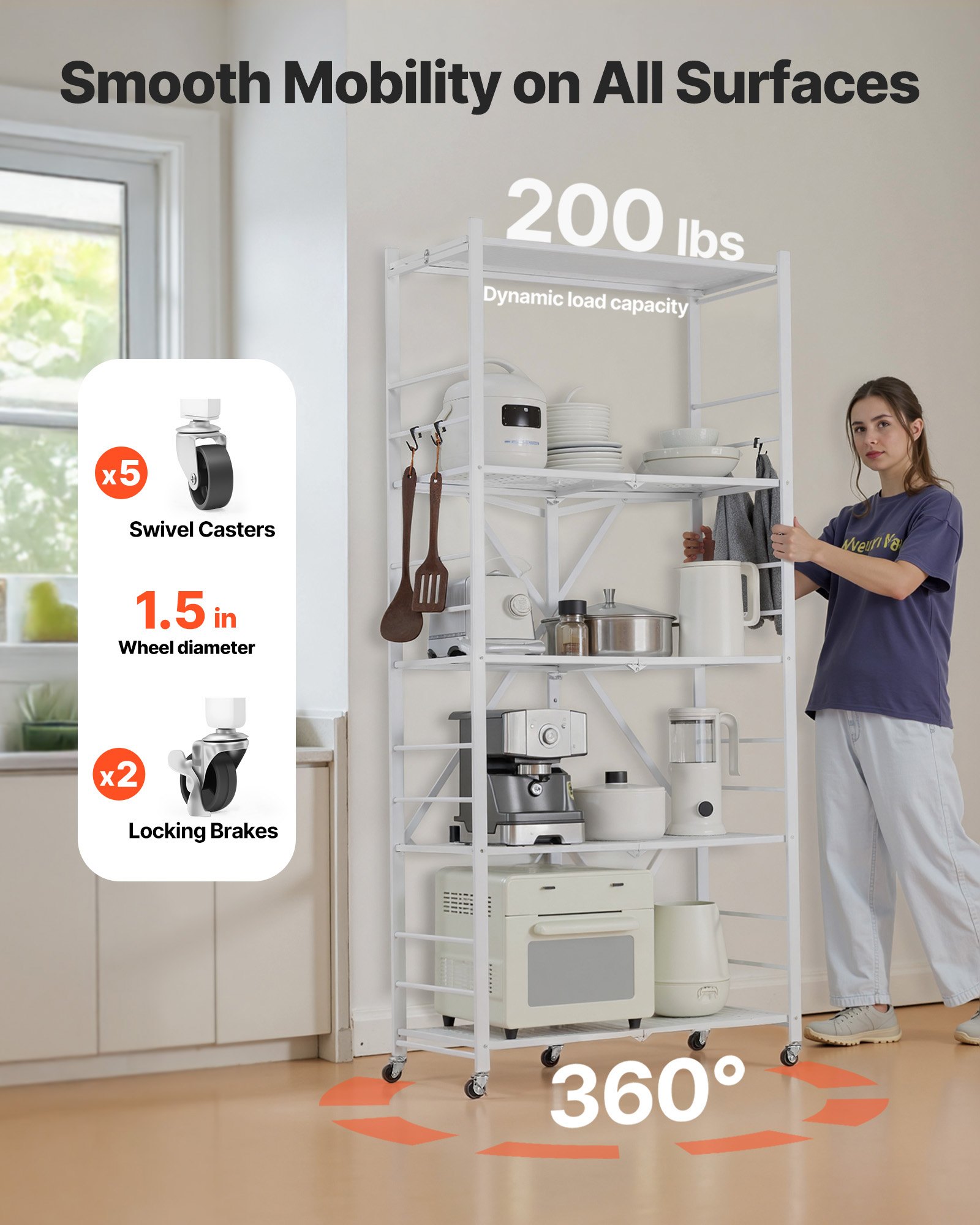 VEVOR 5-Tier Foldable Storage Shelf, 32W x 14D x 72H Inch Folding Metal Rack Shelving Unit, No Assembly Organizer Shelf with 5 Wheels & 4 Hooks for Pantry, Kitchen, Garage, Basement, White