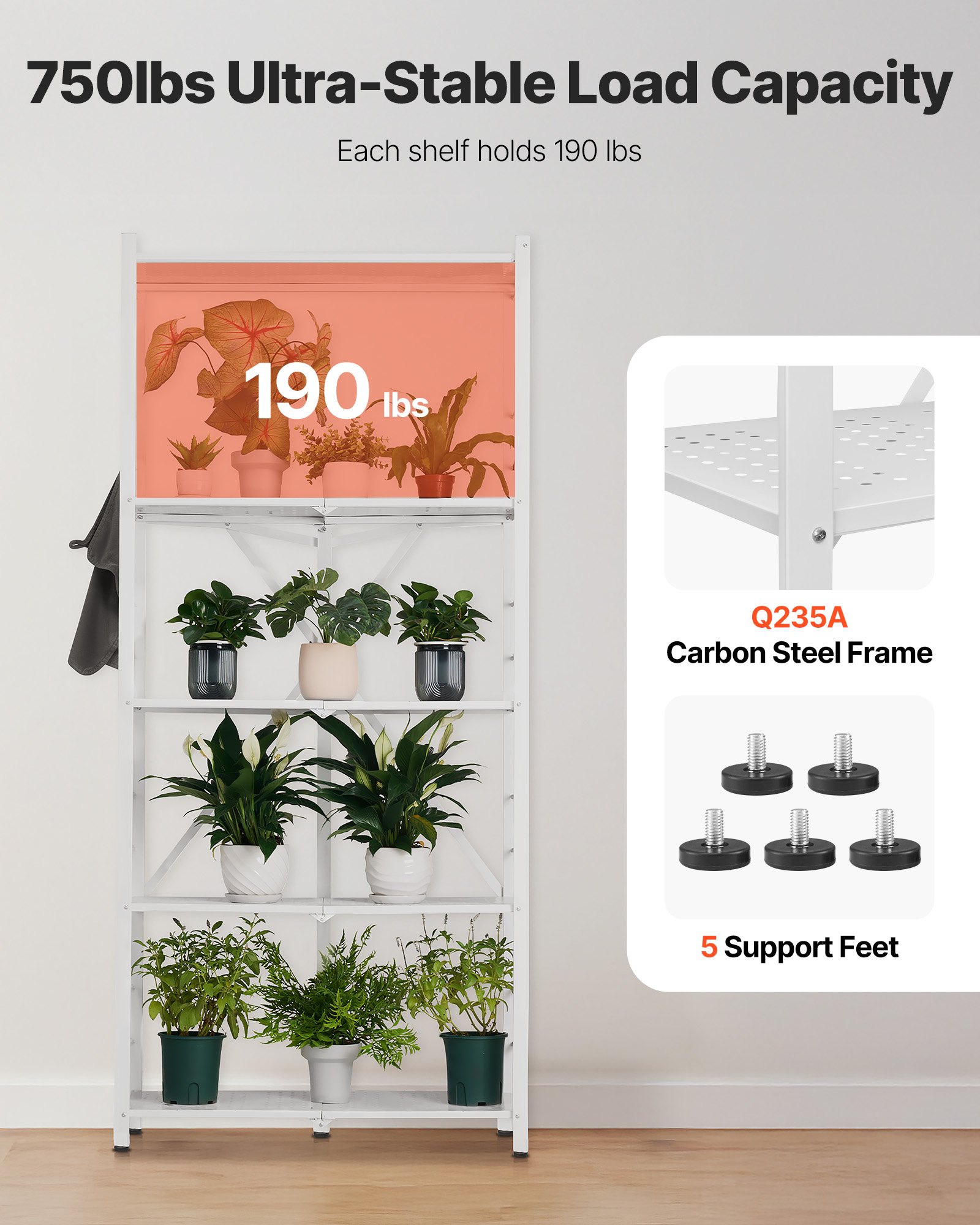 VEVOR 5-Tier Foldable Storage Shelf, 32W x 14D x 72H Inch Folding Metal Rack Shelving Unit, No Assembly Organizer Shelf with 5 Wheels & 4 Hooks for Pantry, Kitchen, Garage, Basement, White