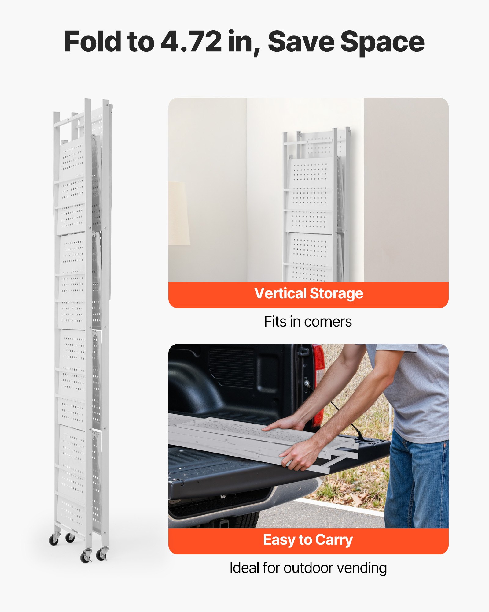 VEVOR 5-Tier Foldable Storage Shelf, 32W x 14D x 72H Inch Folding Metal Rack Shelving Unit, No Assembly Organizer Shelf with 5 Wheels & 4 Hooks for Pantry, Kitchen, Garage, Basement, White