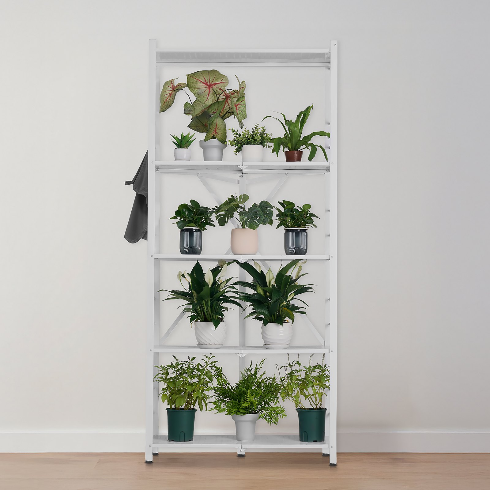 VEVOR 5-Tier Foldable Storage Shelf, 32W x 14D x 72H Inch Folding Metal Rack Shelving Unit, No Assembly Organizer Shelf with 5 Wheels & 4 Hooks for Pantry, Kitchen, Garage, Basement, White