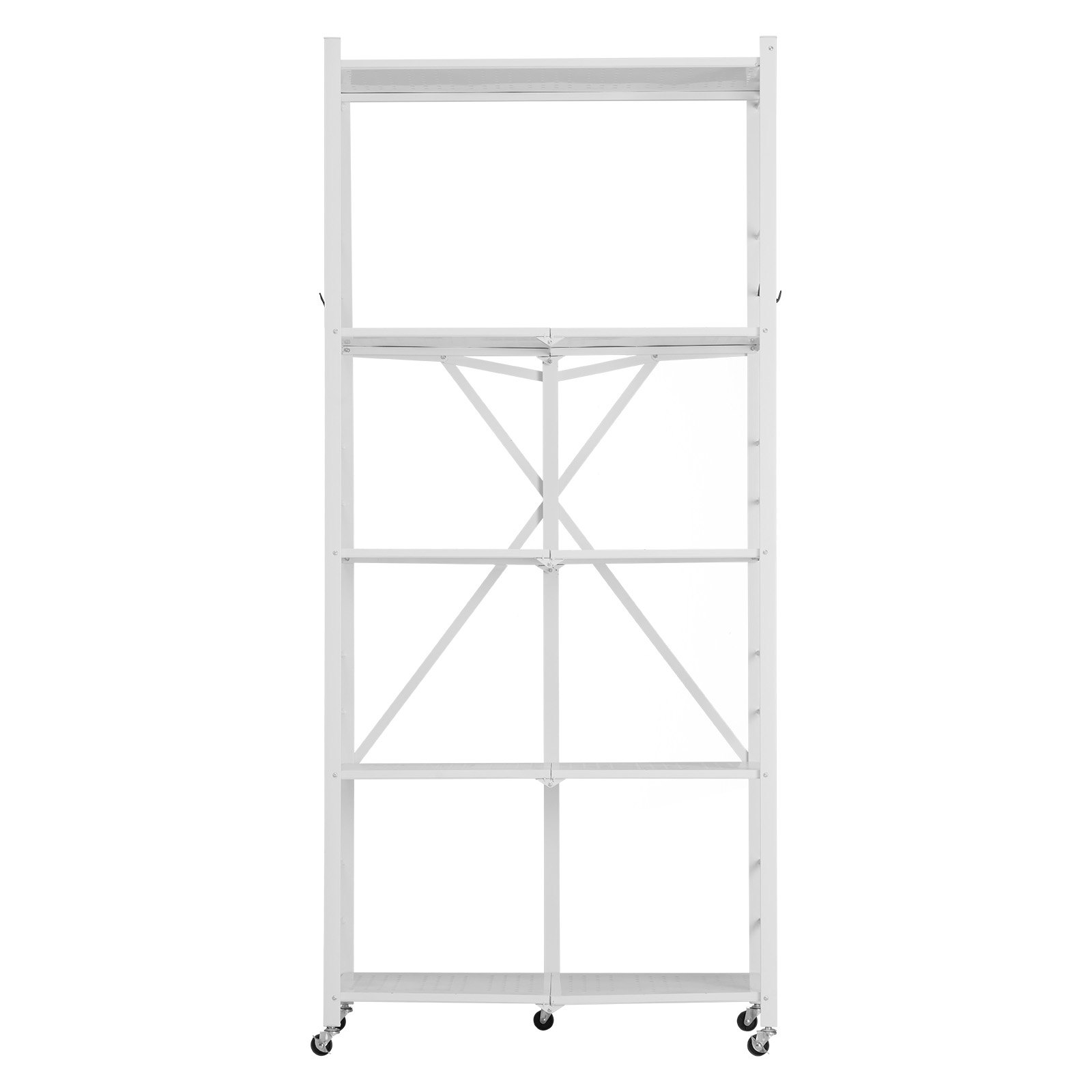 VEVOR 5-Tier Foldable Storage Shelf, 32W x 14D x 72H Inch Folding Metal Rack Shelving Unit, No Assembly Organizer Shelf with 5 Wheels & 4 Hooks for Pantry, Kitchen, Garage, Basement, White