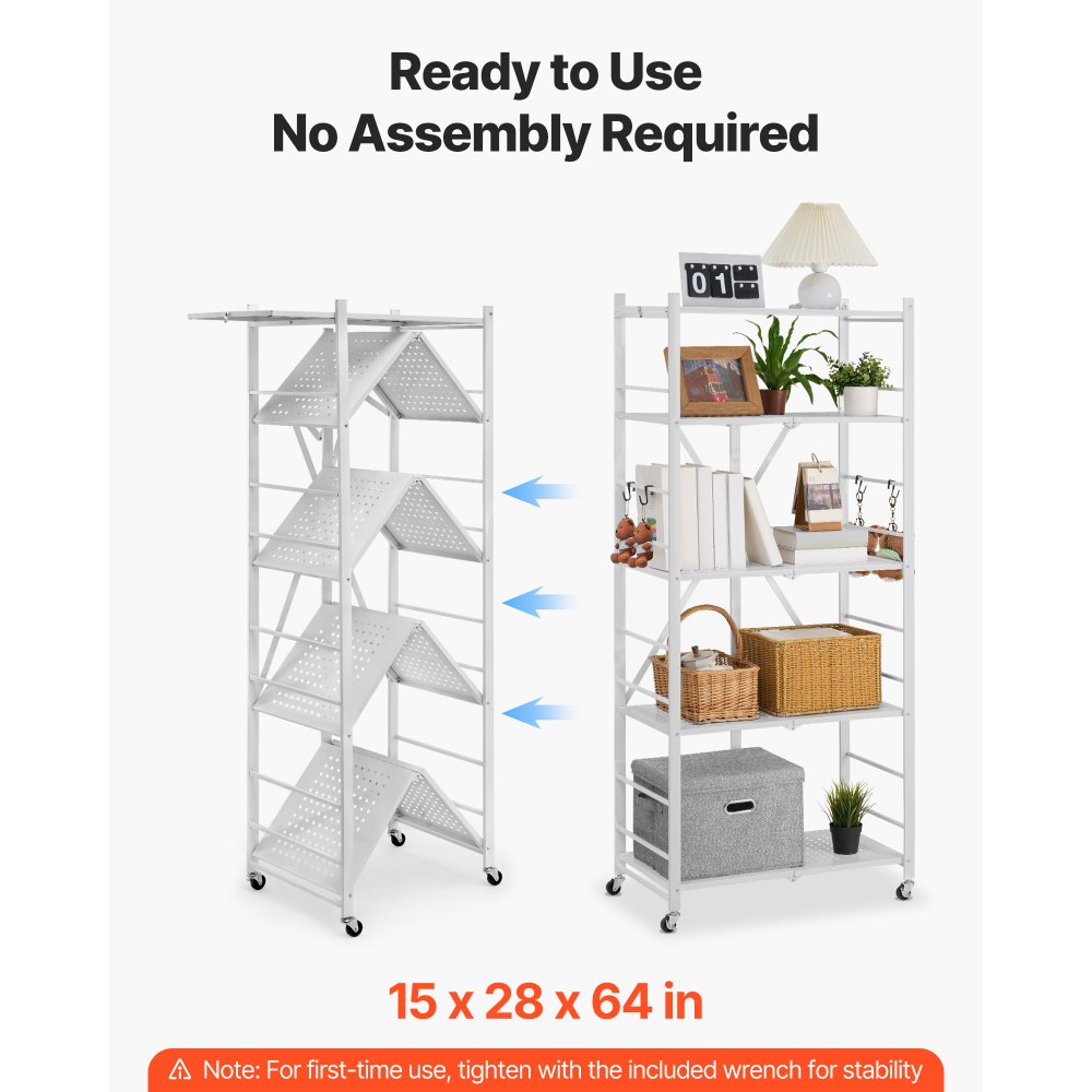VEVOR 5-Tier Foldable Storage Shelf, 28 W x 15D x 64H Inch Folding Metal Rack Shelving Unit, No Assembly Organizer Shelf with 5 Wheels & 4 Hooks for Pantry, Kitchen, Garage, Basement, White