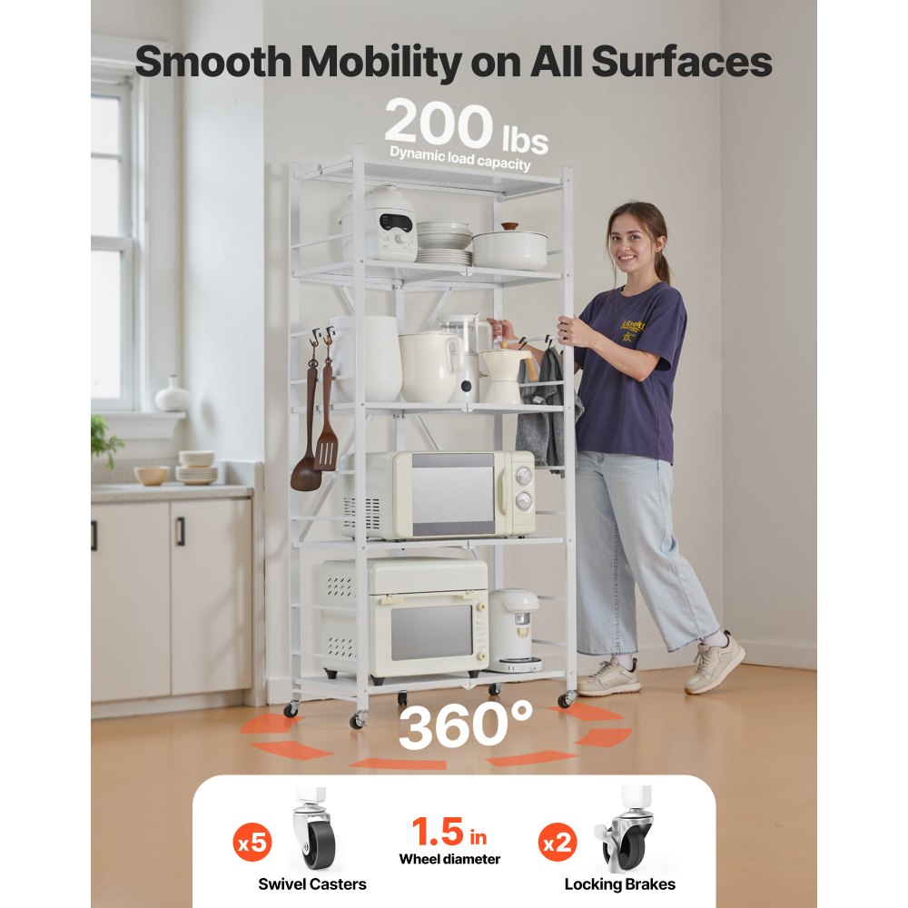 VEVOR 5-Tier Foldable Storage Shelf, 28 W x 15D x 64H Inch Folding Metal Rack Shelving Unit, No Assembly Organizer Shelf with 5 Wheels & 4 Hooks for Pantry, Kitchen, Garage, Basement, White