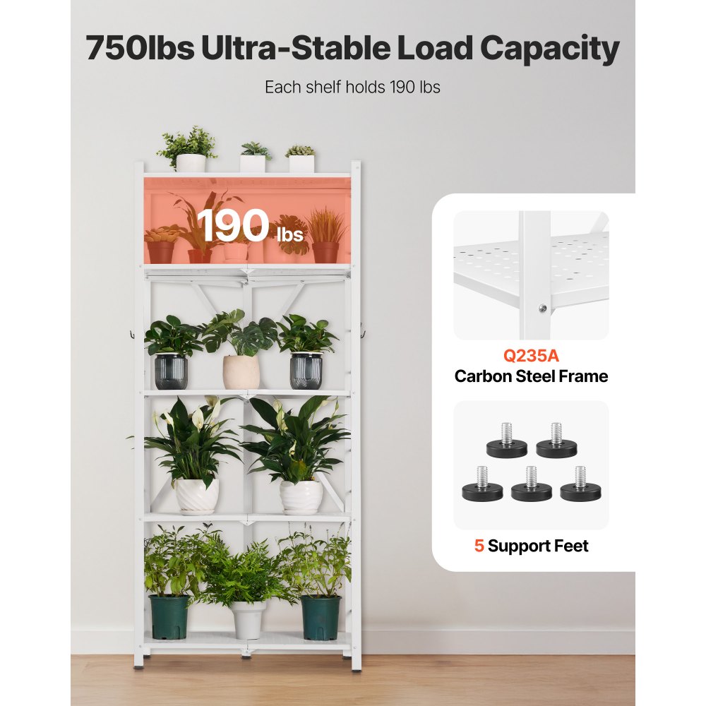 VEVOR 5-Tier Foldable Storage Shelf, 28 W x 15D x 64H Inch Folding Metal Rack Shelving Unit, No Assembly Organizer Shelf with 5 Wheels & 4 Hooks for Pantry, Kitchen, Garage, Basement, White