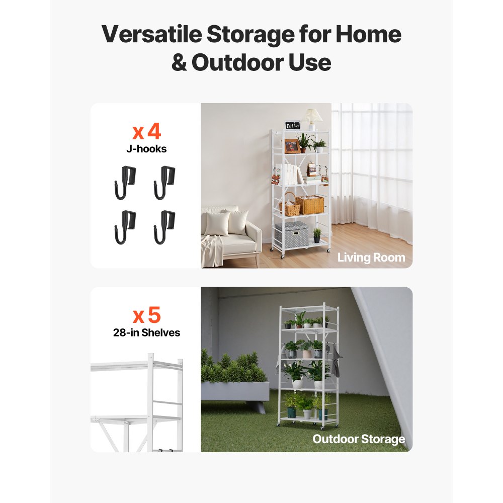 VEVOR 5-Tier Foldable Storage Shelf, 28 W x 15D x 64H Inch Folding Metal Rack Shelving Unit, No Assembly Organizer Shelf with 5 Wheels & 4 Hooks for Pantry, Kitchen, Garage, Basement, White