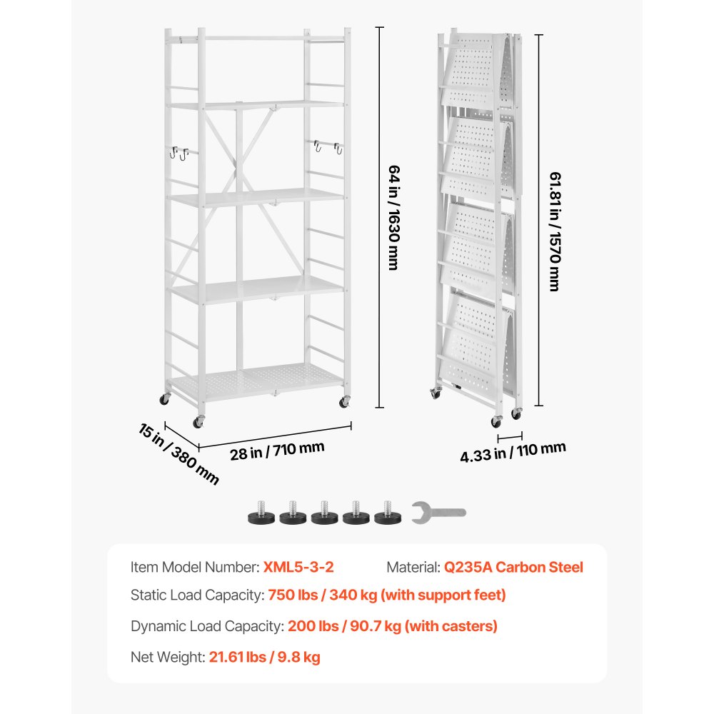 VEVOR 5-Tier Foldable Storage Shelf, 28 W x 15D x 64H Inch Folding Metal Rack Shelving Unit, No Assembly Organizer Shelf with 5 Wheels & 4 Hooks for Pantry, Kitchen, Garage, Basement, White