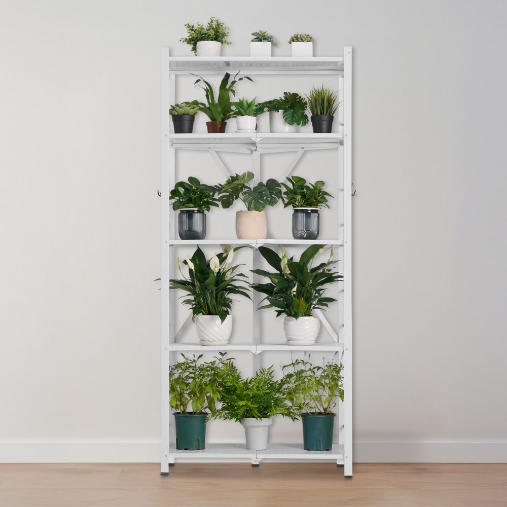 VEVOR 5-Tier Foldable Storage Shelf, 28 W x 15D x 64H Inch Folding Metal Rack Shelving Unit, No Assembly Organizer Shelf with 5 Wheels & 4 Hooks for Pantry, Kitchen, Garage, Basement, White