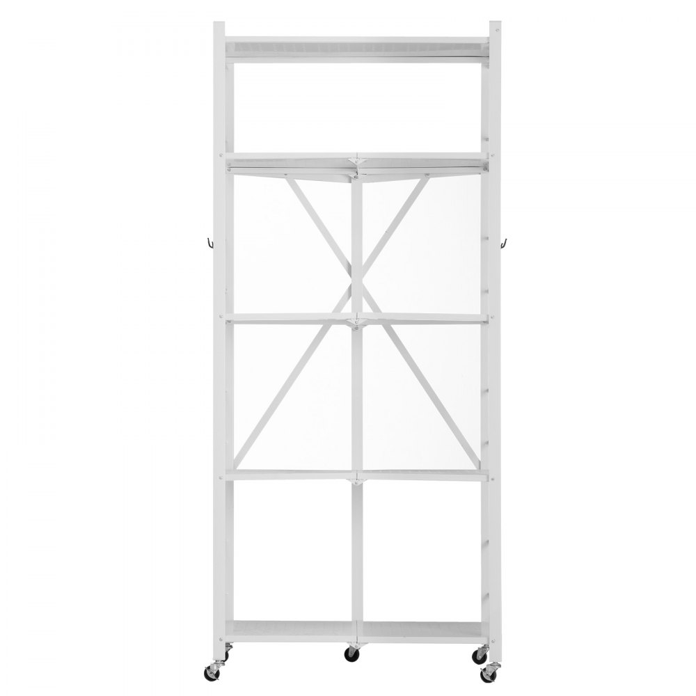 VEVOR 5-Tier Foldable Storage Shelf, 28 W x 15D x 64H Inch Folding Metal Rack Shelving Unit, No Assembly Organizer Shelf with 5 Wheels & 4 Hooks for Pantry, Kitchen, Garage, Basement, White