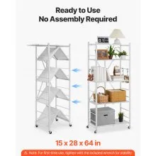 VEVOR Folding Storage Shelf with Wheels 5-Tier Metal Shelving Unit White