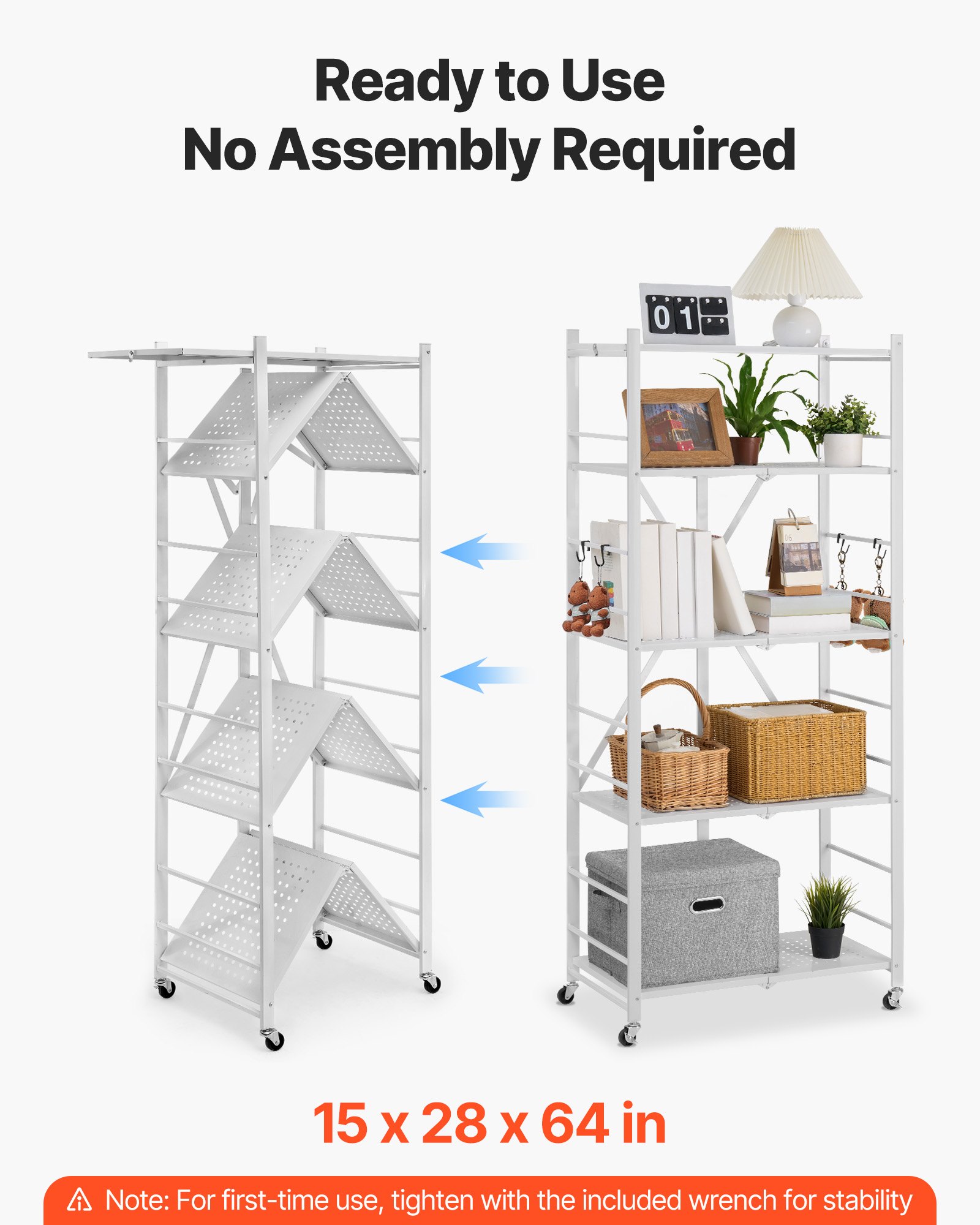 VEVOR 5-Tier Foldable Storage Shelf, 28 W x 15D x 64H Inch Folding Metal Rack Shelving Unit, No Assembly Organizer Shelf with 5 Wheels & 4 Hooks for Pantry, Kitchen, Garage, Basement, White