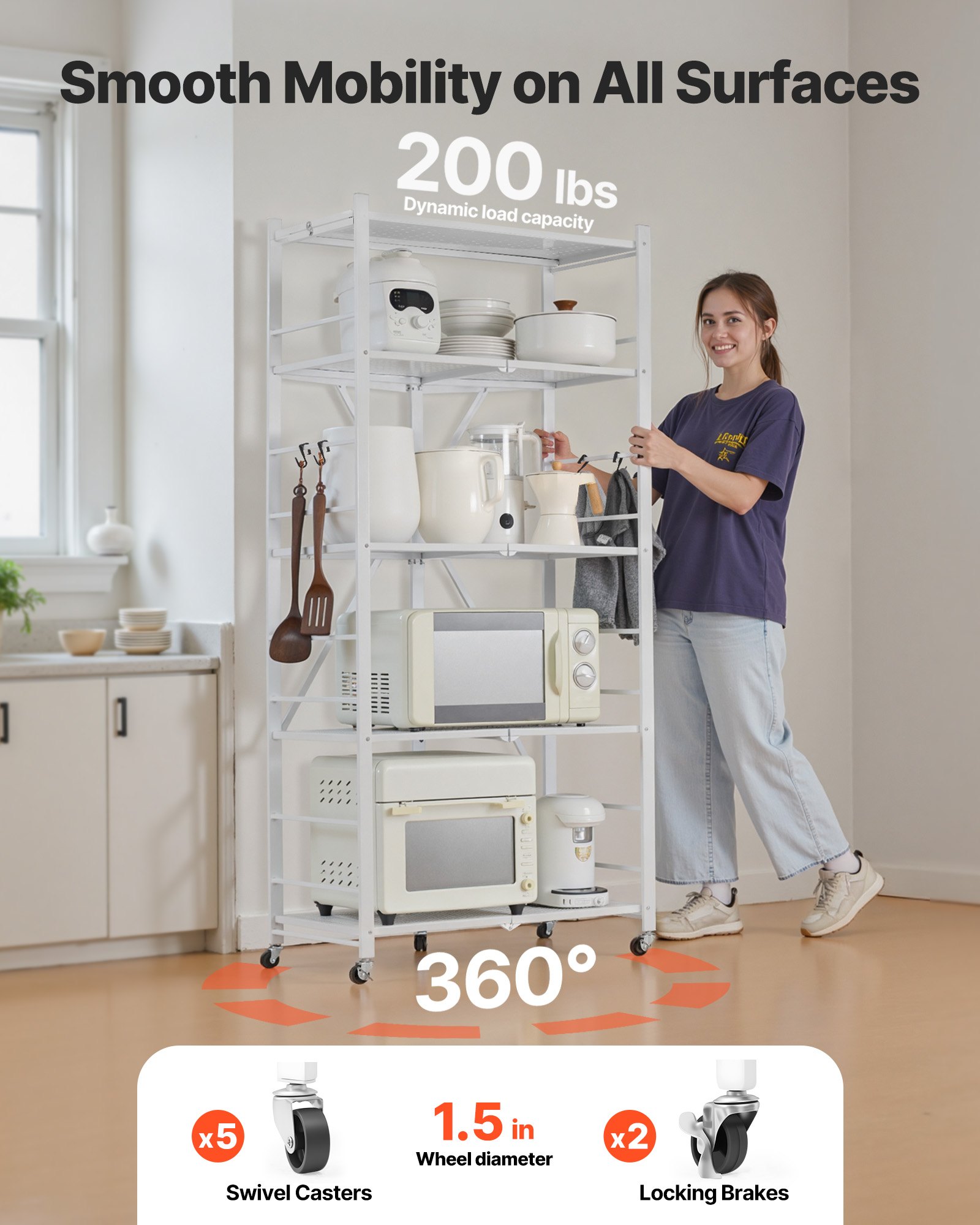 VEVOR 5-Tier Foldable Storage Shelf, 28 W x 15D x 64H Inch Folding Metal Rack Shelving Unit, No Assembly Organizer Shelf with 5 Wheels & 4 Hooks for Pantry, Kitchen, Garage, Basement, White