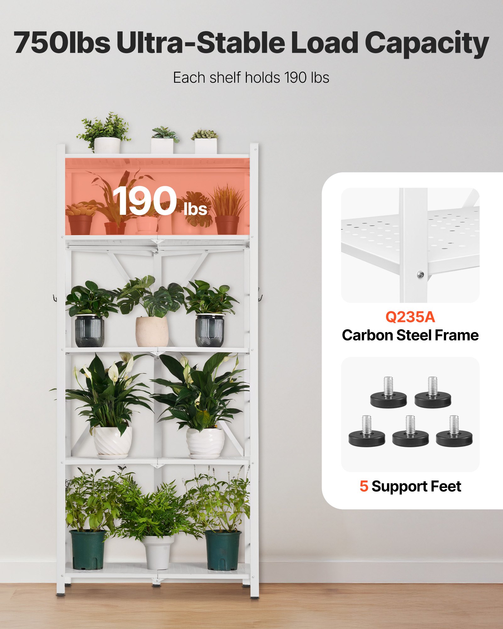 VEVOR 5-Tier Foldable Storage Shelf, 28 W x 15D x 64H Inch Folding Metal Rack Shelving Unit, No Assembly Organizer Shelf with 5 Wheels & 4 Hooks for Pantry, Kitchen, Garage, Basement, White