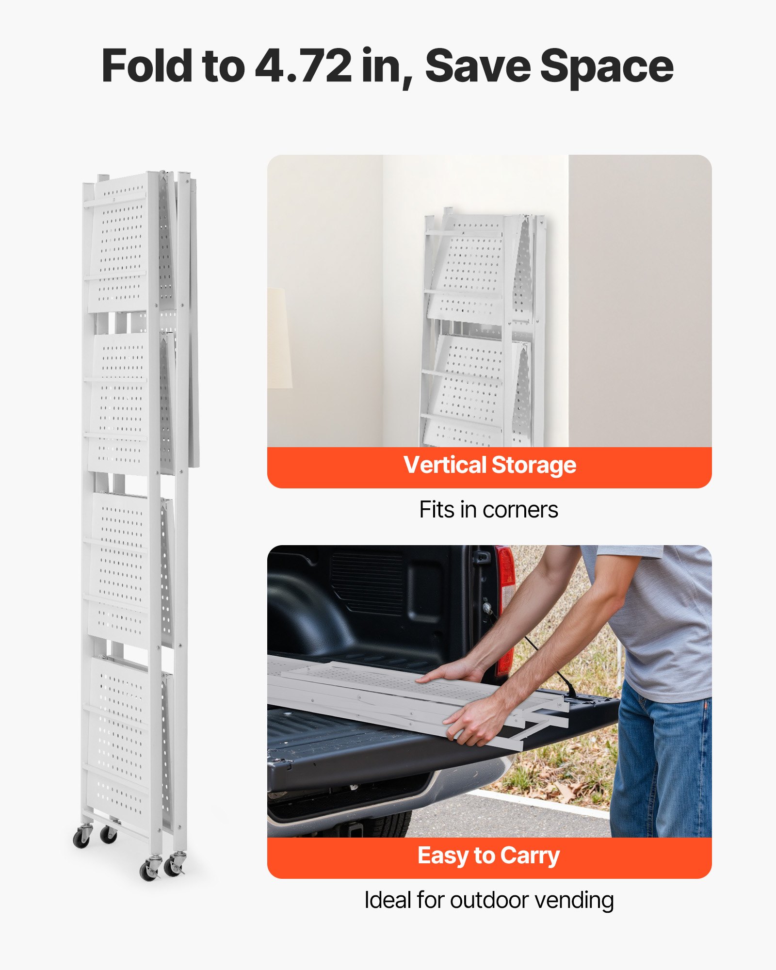 VEVOR 5-Tier Foldable Storage Shelf, 28 W x 15D x 64H Inch Folding Metal Rack Shelving Unit, No Assembly Organizer Shelf with 5 Wheels & 4 Hooks for Pantry, Kitchen, Garage, Basement, White