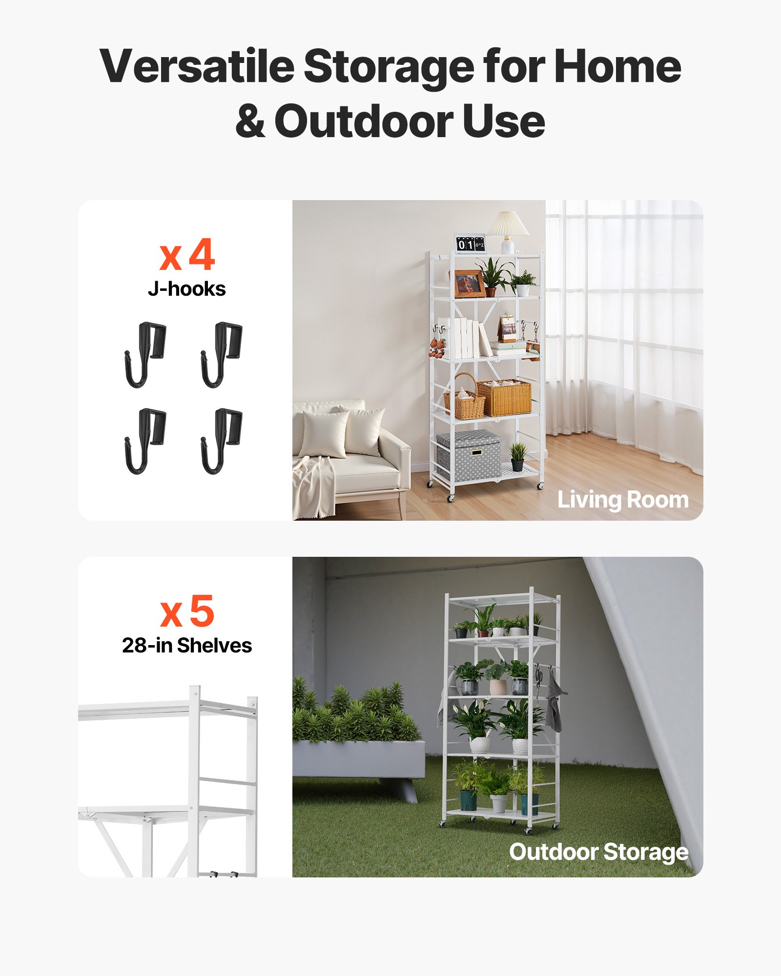 VEVOR 5-Tier Foldable Storage Shelf, 28 W x 15D x 64H Inch Folding Metal Rack Shelving Unit, No Assembly Organizer Shelf with 5 Wheels & 4 Hooks for Pantry, Kitchen, Garage, Basement, White
