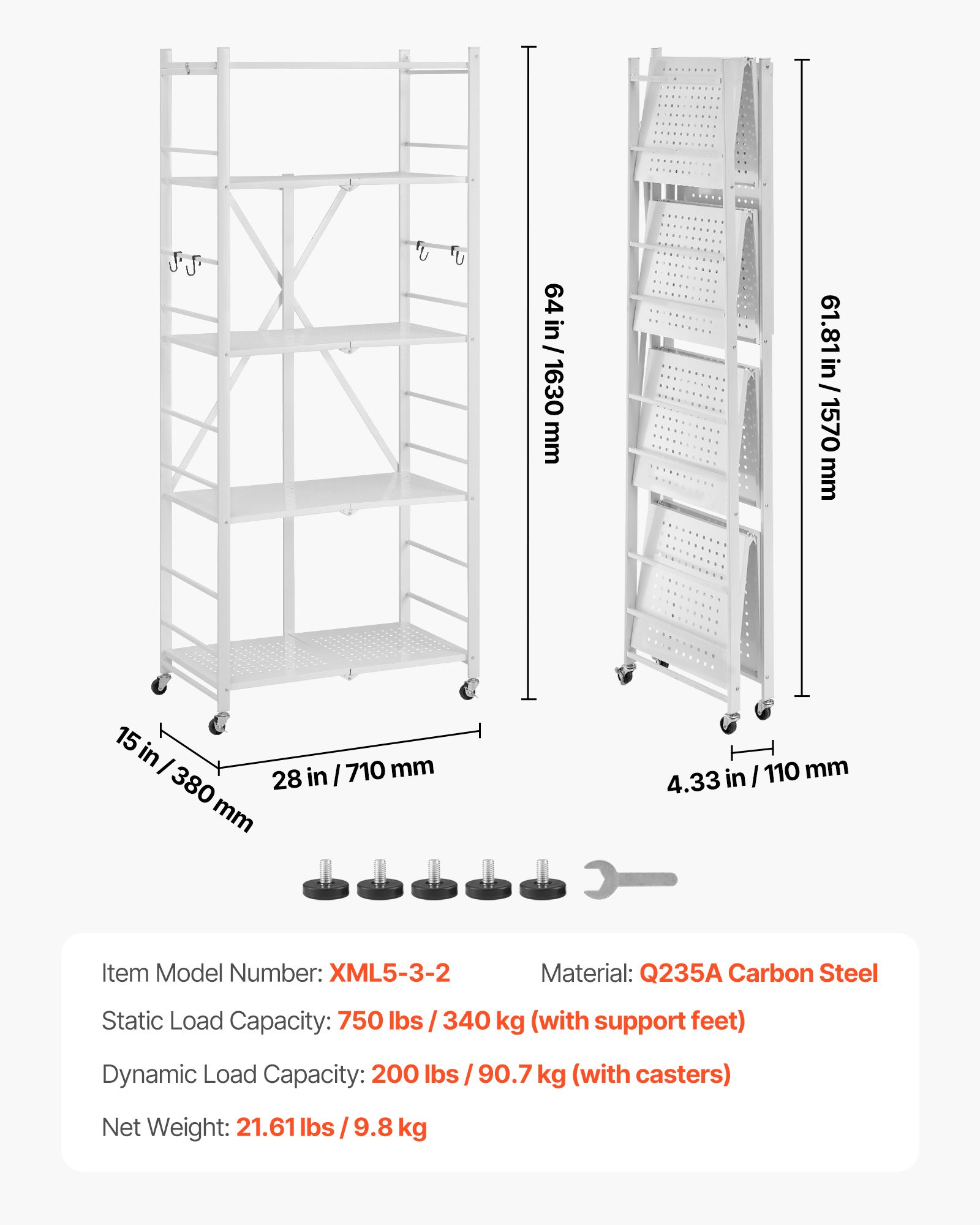VEVOR 5-Tier Foldable Storage Shelf, 28 W x 15D x 64H Inch Folding Metal Rack Shelving Unit, No Assembly Organizer Shelf with 5 Wheels & 4 Hooks for Pantry, Kitchen, Garage, Basement, White