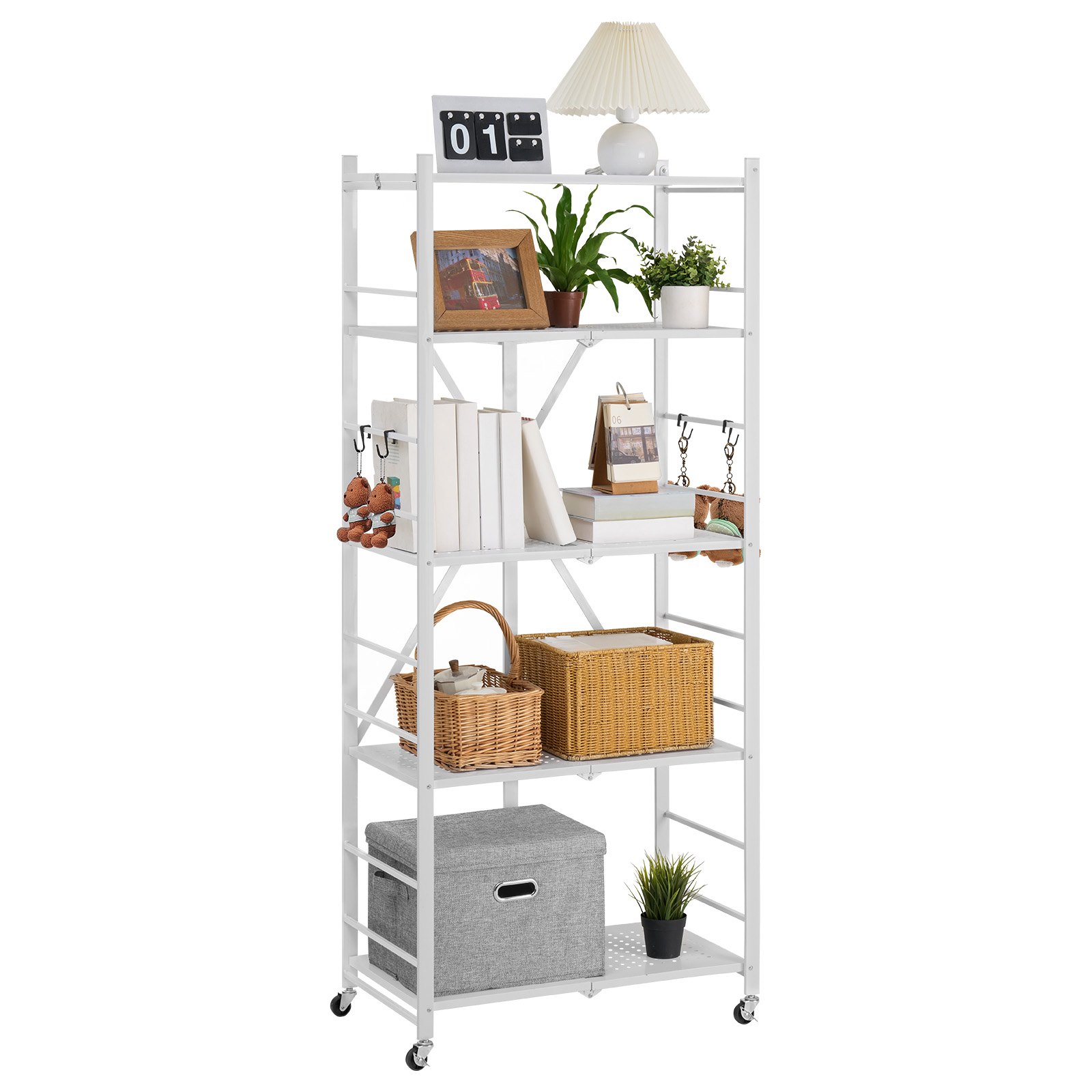 VEVOR 5-Tier Foldable Storage Shelf, 28 W x 15D x 64H Inch Folding Metal Rack Shelving Unit, No Assembly Organizer Shelf with 5 Wheels & 4 Hooks for Pantry, Kitchen, Garage, Basement, White