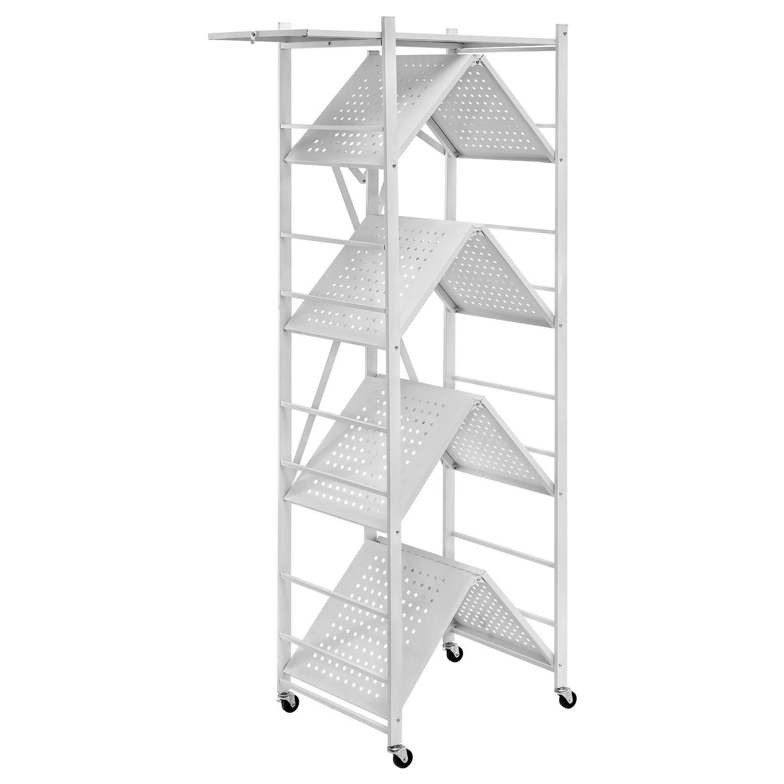 VEVOR 5-Tier Foldable Storage Shelf, 28 W x 15D x 64H Inch Folding Metal Rack Shelving Unit, No Assembly Organizer Shelf with 5 Wheels & 4 Hooks for Pantry, Kitchen, Garage, Basement, White