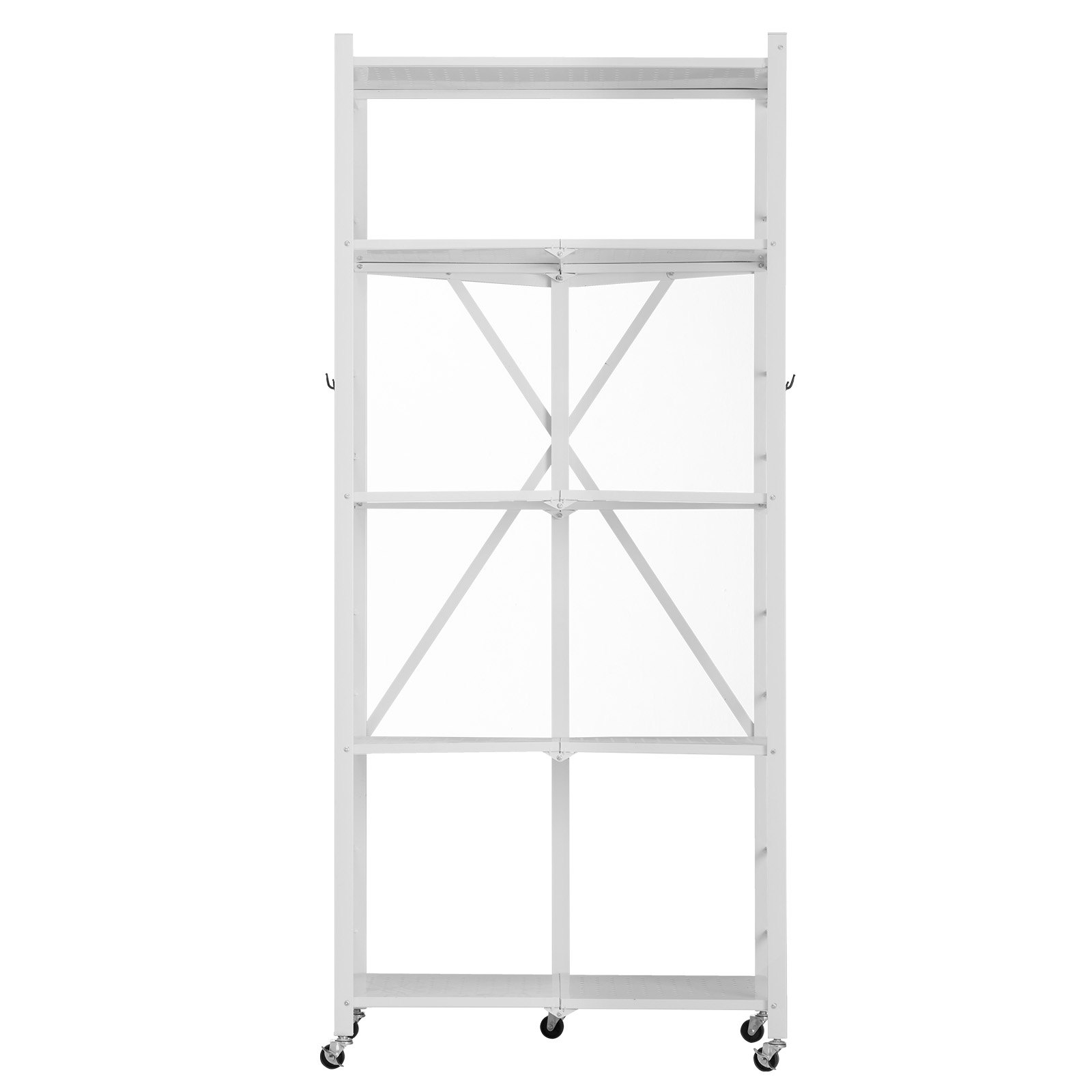 VEVOR 5-Tier Foldable Storage Shelf, 28 W x 15D x 64H Inch Folding Metal Rack Shelving Unit, No Assembly Organizer Shelf with 5 Wheels & 4 Hooks for Pantry, Kitchen, Garage, Basement, White