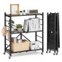 VEVOR 3-Tier Foldable Storage Shelf with Wheels, 76 cm W x 33 cm D x 91 cm H Folding Metal Rack Shelving Unit, No Assembly Organizer Shelf for Garage, Kitchen, Basement, Black