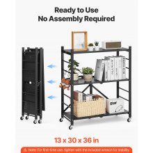VEVOR 3-Tier Foldable Storage Shelf with Wheels 30 x 13 x 36-inch Metal Shelving