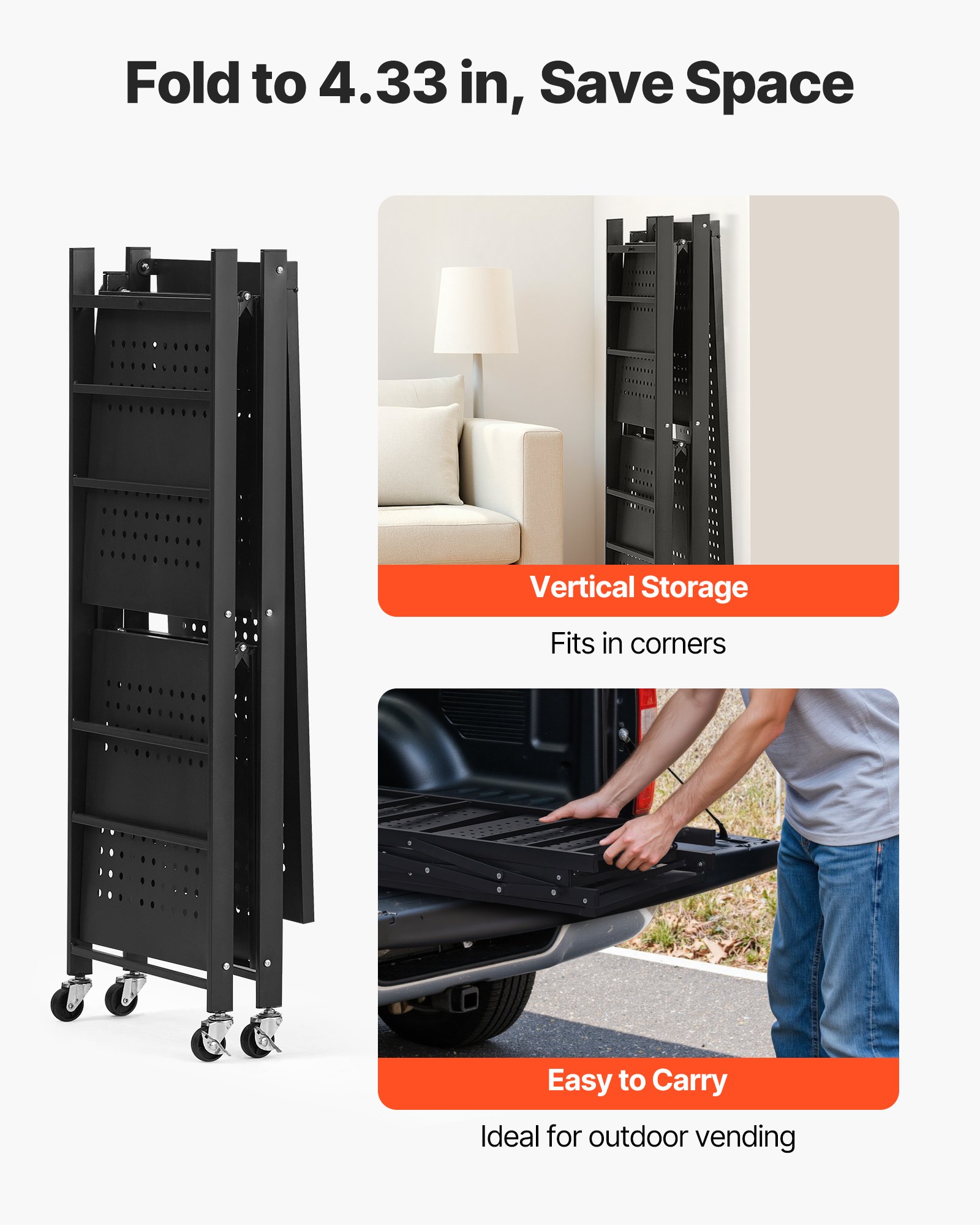 VEVOR 3-Tier Foldable Storage Shelf with Wheels, 76 cm W x 33 cm D x 91 cm H Folding Metal Rack Shelving Unit, No Assembly Organizer Shelf for Garage, Kitchen, Basement, Black
