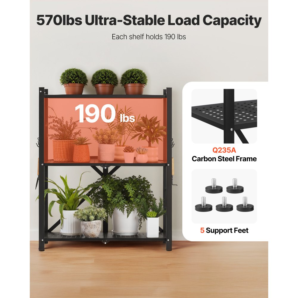VEVOR 3-Tier Foldable Storage Shelf, 28W x 13D x 36H Inch Folding Metal Rack Shelving Unit, No Assembly Organizer Shelf with 5 Wheels & 4 Hooks for Pantry, Kitchen, Garage, Basement, Black