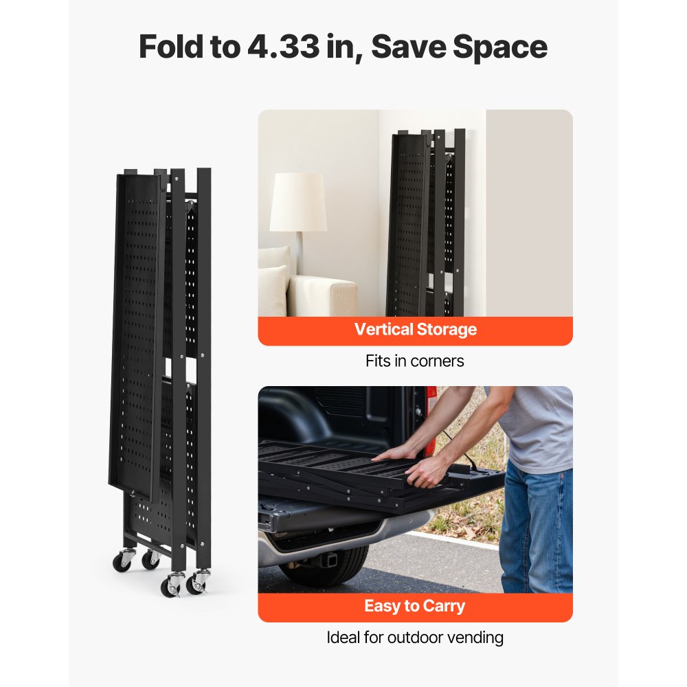 VEVOR 3-Tier Foldable Storage Shelf, 28W x 13D x 36H Inch Folding Metal Rack Shelving Unit, No Assembly Organizer Shelf with 5 Wheels & 4 Hooks for Pantry, Kitchen, Garage, Basement, Black