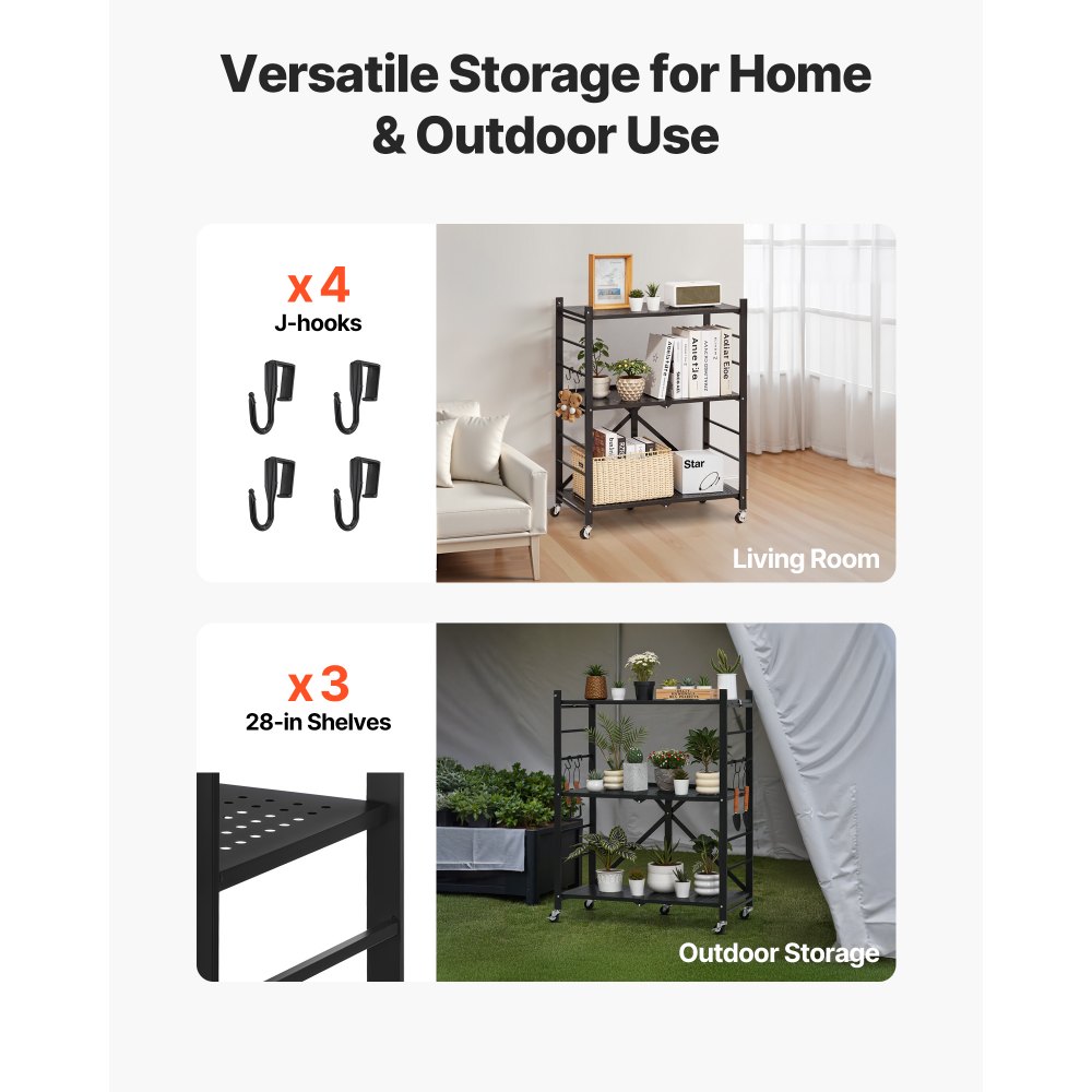 VEVOR 3-Tier Foldable Storage Shelf, 28W x 13D x 36H Inch Folding Metal Rack Shelving Unit, No Assembly Organizer Shelf with 5 Wheels & 4 Hooks for Pantry, Kitchen, Garage, Basement, Black