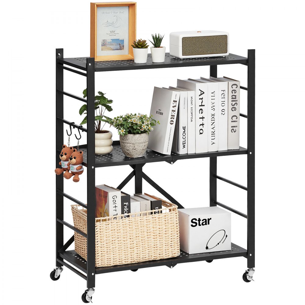 VEVOR 3-Tier Foldable Storage Shelf, 28W x 13D x 36H Inch Folding Metal Rack Shelving Unit, No Assembly Organizer Shelf with 5 Wheels & 4 Hooks for Pantry, Kitchen, Garage, Basement, Black
