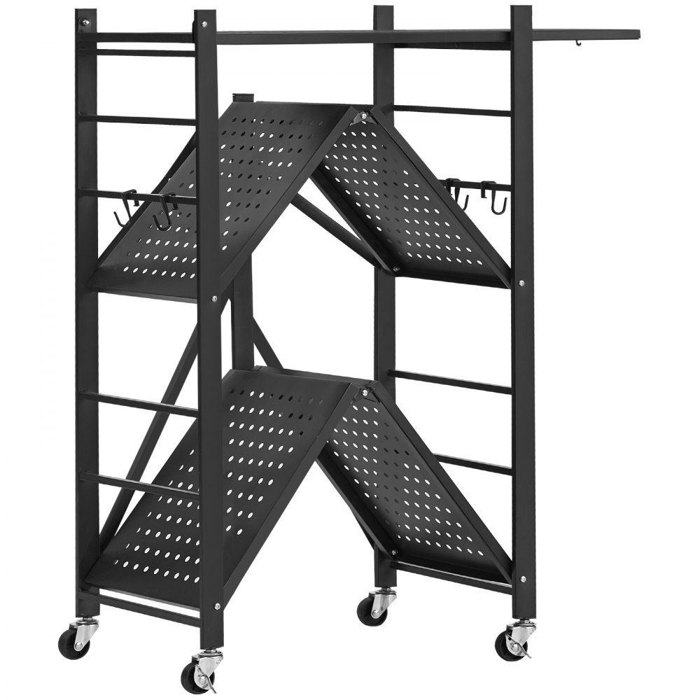 VEVOR 3-Tier Foldable Storage Shelf, 28W x 13D x 36H Inch Folding Metal Rack Shelving Unit, No Assembly Organizer Shelf with 5 Wheels & 4 Hooks for Pantry, Kitchen, Garage, Basement, Black
