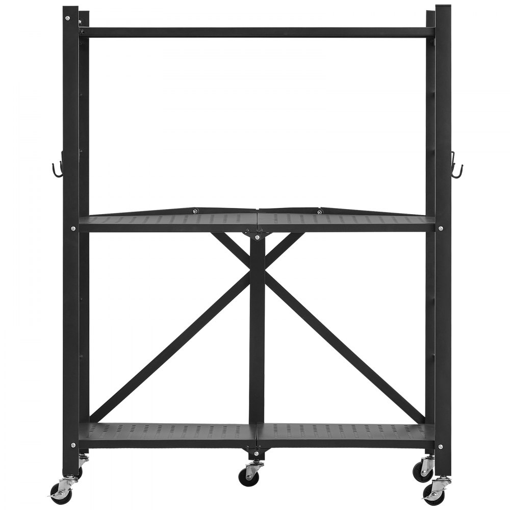 VEVOR 3-Tier Foldable Storage Shelf, 28W x 13D x 36H Inch Folding Metal Rack Shelving Unit, No Assembly Organizer Shelf with 5 Wheels & 4 Hooks for Pantry, Kitchen, Garage, Basement, Black