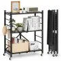 VEVOR 3-Tier Foldable Storage Shelf with Wheels, 71 cm W x 33 cm D x 91 cm H Folding Metal Rack Shelving Unit, No Assembly Organizer Shelf for Garage, Kitchen, Basement, Black