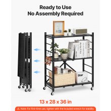 VEVOR 3-Tier Foldable Storage Shelf with Wheels 28 x 13 x 36-inch Metal Shelving