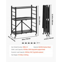 VEVOR 3-Tier Foldable Storage Shelf with Wheels 28 x 13 x 36-inch Metal Shelving