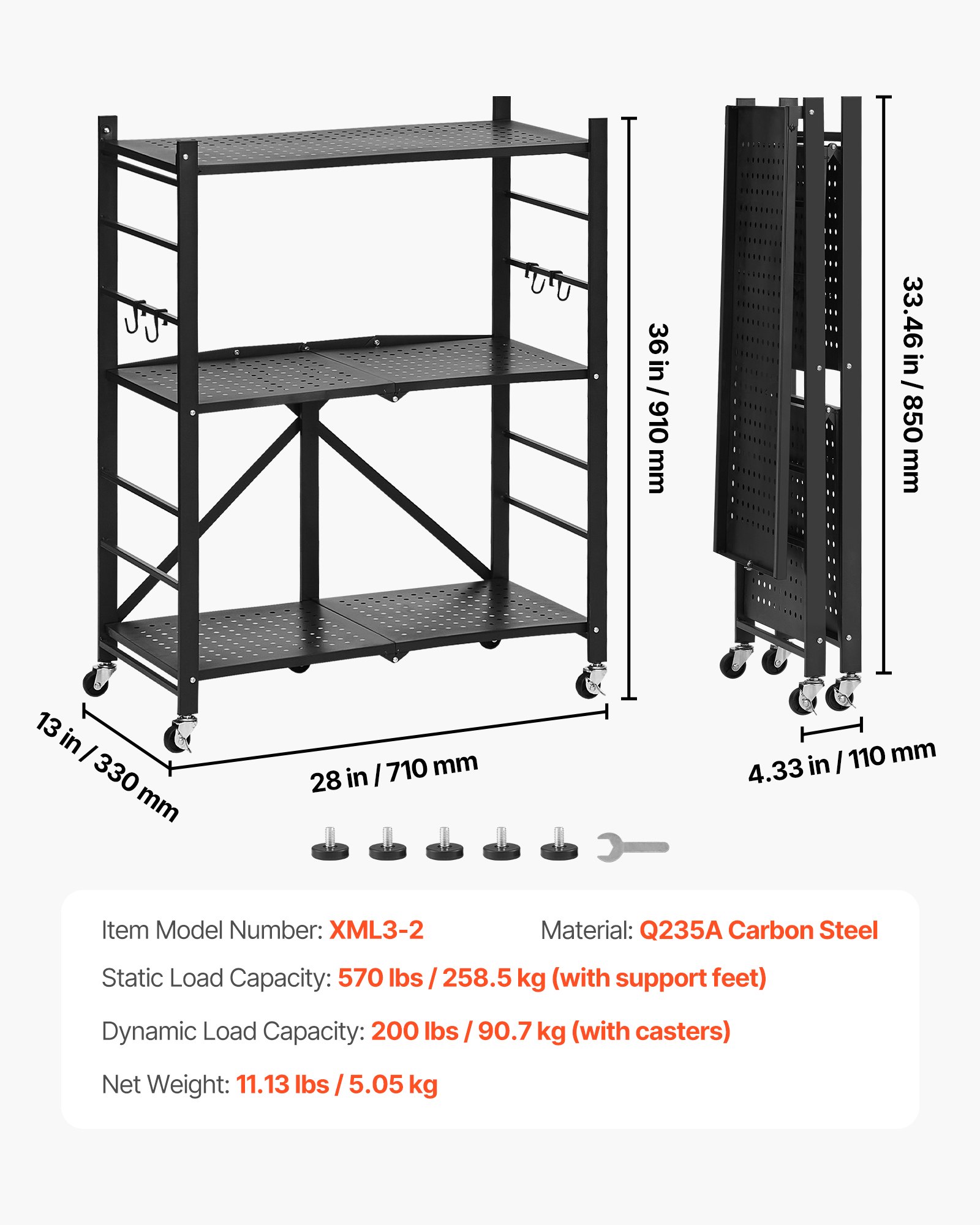 VEVOR 3-Tier Foldable Storage Shelf with Wheels, 71 cm W x 33 cm D x 91 cm H Folding Metal Rack Shelving Unit, No Assembly Organizer Shelf for Garage, Kitchen, Basement, Black