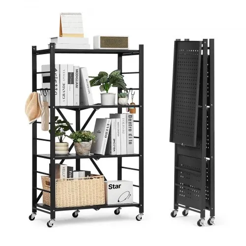 VEVOR 4-Tier Foldable Storage Shelf, 26W x 13D x 46H Inch Folding Metal Rack Shelving Unit, No Assembly Organizer Shelf with 5 Wheels & 4 Hooks for Pantry, Kitchen, Garage, Basement, Black