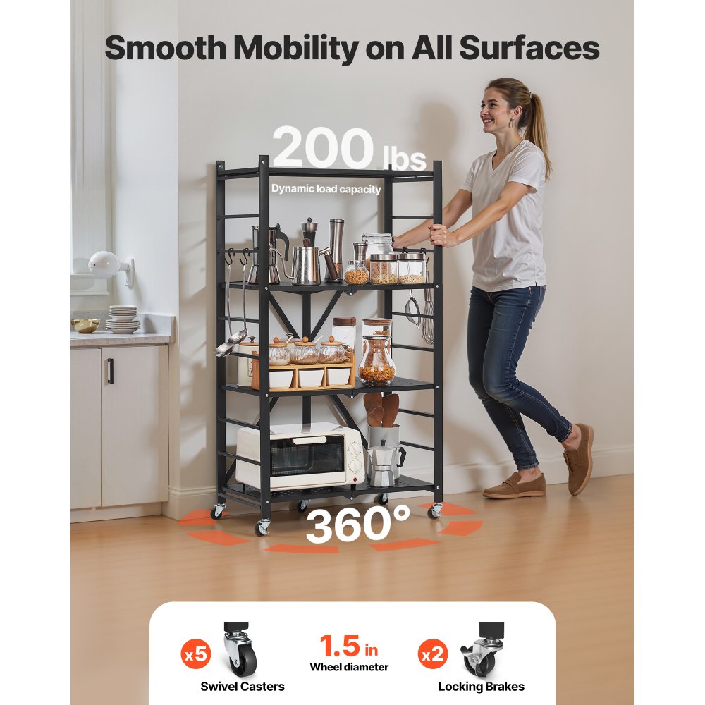 VEVOR 4-Tier Foldable Storage Shelf, 26W x 13D x 46H Inch Folding Metal Rack Shelving Unit, No Assembly Organizer Shelf with 5 Wheels & 4 Hooks for Pantry, Kitchen, Garage, Basement, Black