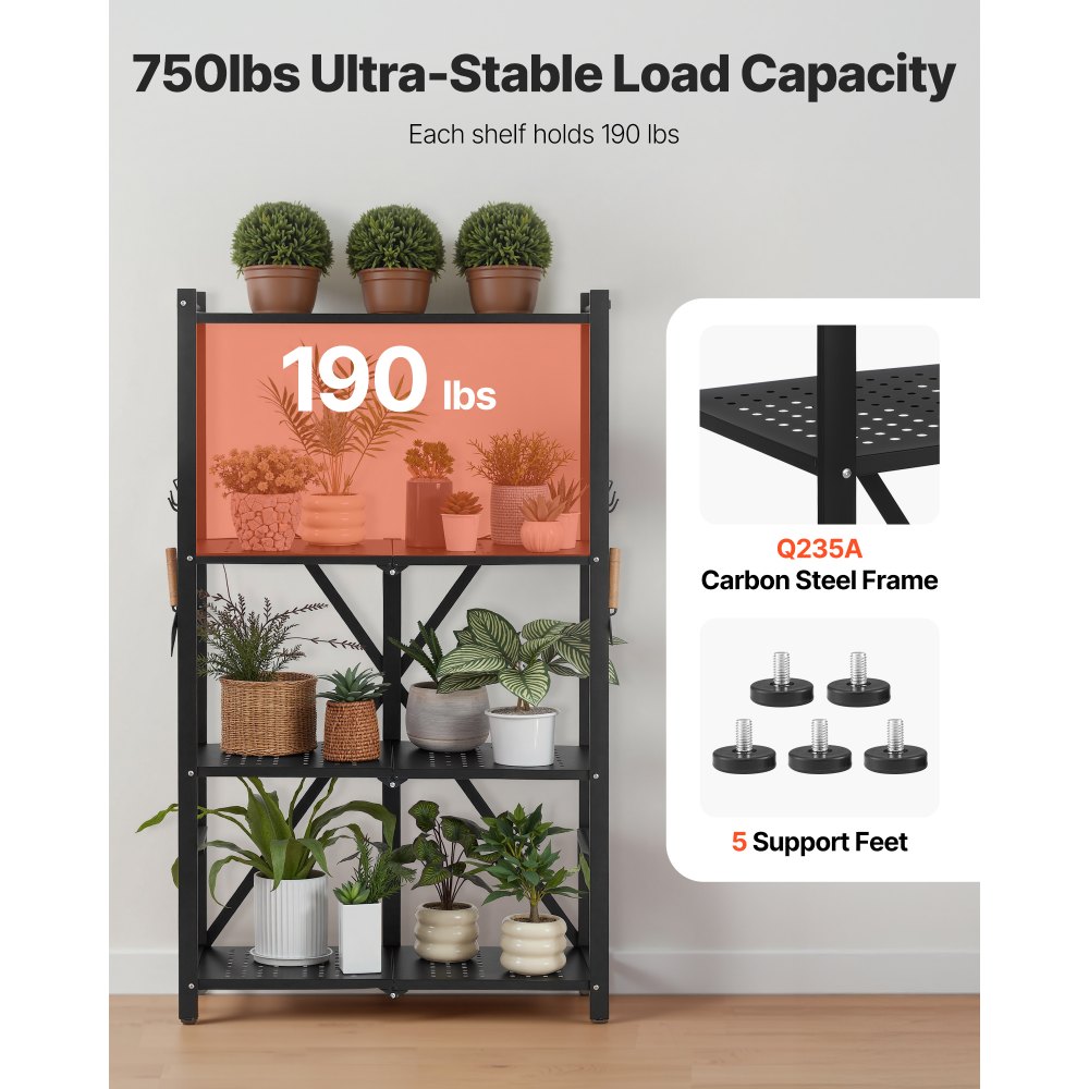 VEVOR 4-Tier Foldable Storage Shelf, 26W x 13D x 46H Inch Folding Metal Rack Shelving Unit, No Assembly Organizer Shelf with 5 Wheels & 4 Hooks for Pantry, Kitchen, Garage, Basement, Black