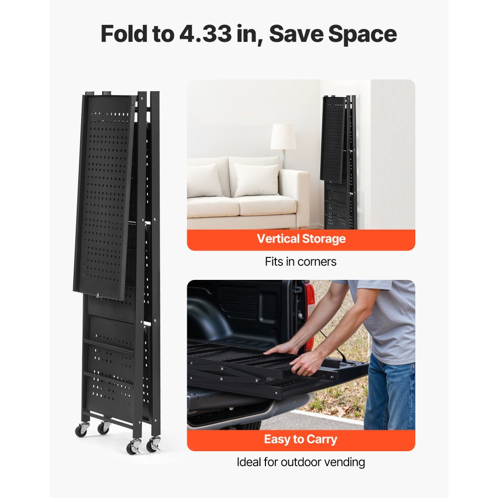 VEVOR 4-Tier Foldable Storage Shelf, 26W x 13D x 46H Inch Folding Metal Rack Shelving Unit, No Assembly Organizer Shelf with 5 Wheels & 4 Hooks for Pantry, Kitchen, Garage, Basement, Black